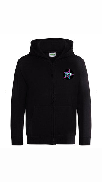 Black zip up hoodie with left chest logo and large logo on back