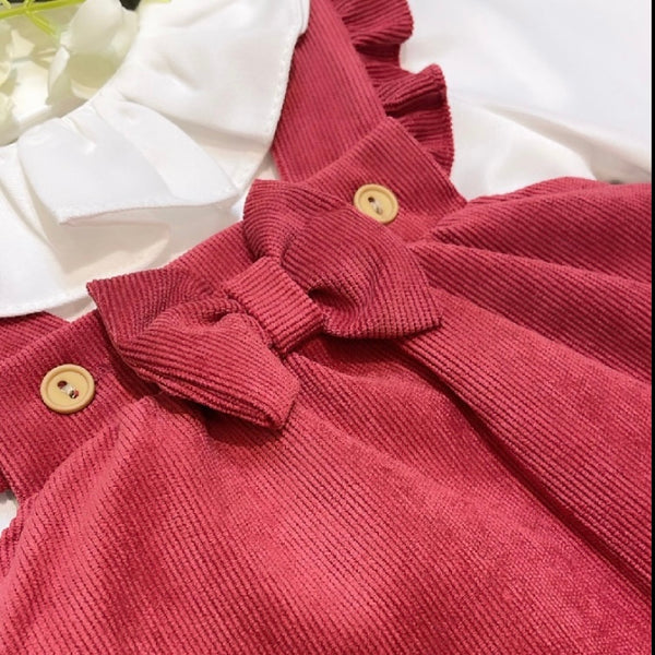 Burgundy bow dress with white shirt