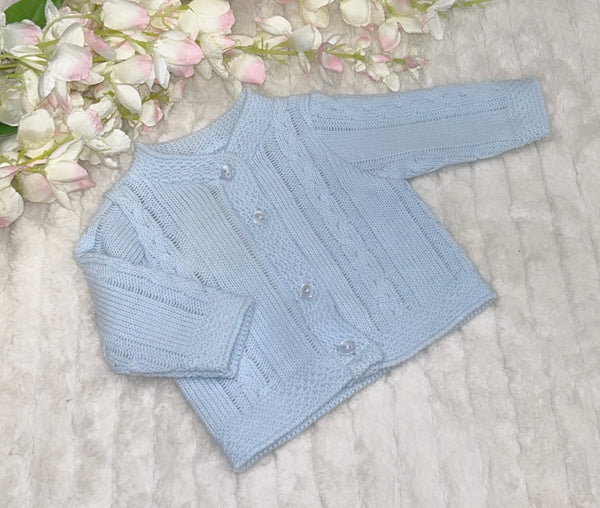 Cable knit cardigan with detailed hem -premature blue