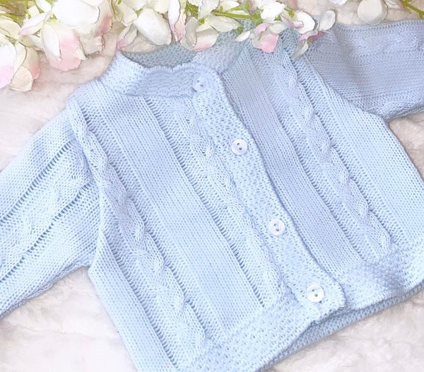 Cable knit cardigan with detailed hem -premature blue
