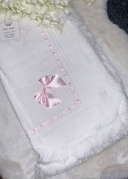 White and pink baby shawl