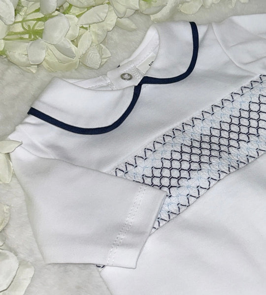 White & navy smocked romper
