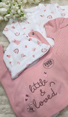 Pink 5 pc romper, vest, hat, bib and mitts set - little and loved