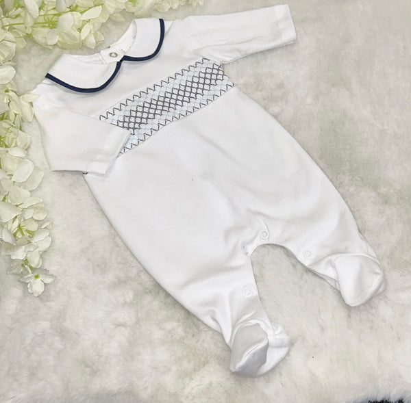 White & navy smocked romper