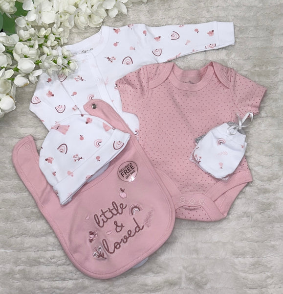 Pink 5 pc romper, vest, hat, bib and mitts set - little and loved