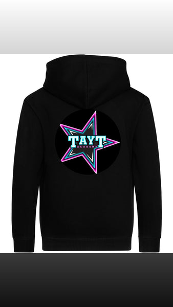 Black zip up hoodie with left chest logo and large logo on back