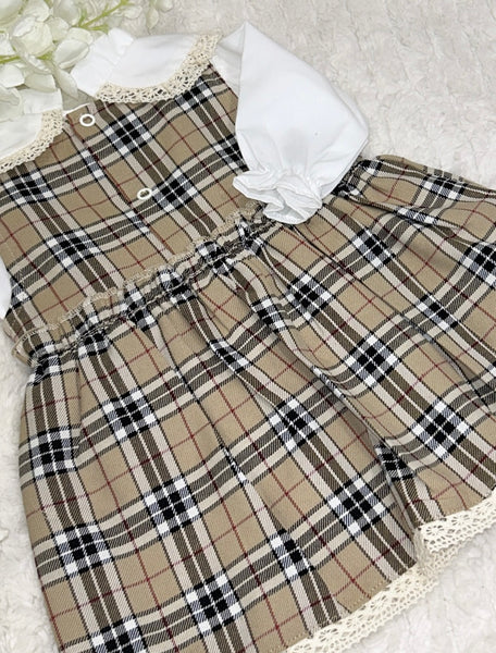 Girls Burberry style dress with burgundy bows