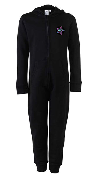 Black onesie with zip up front, left chest logo and large on back