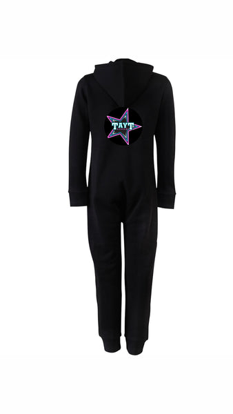 Black onesie with zip up front, left chest logo and large on back