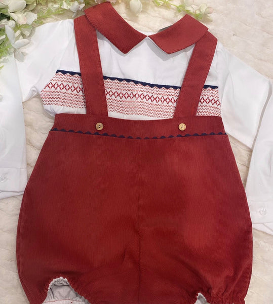 Burgandy smock velour dungaree set