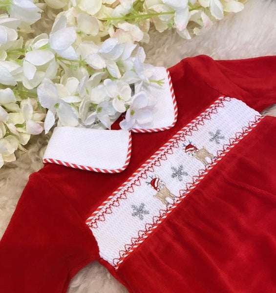 Reindeer red velour babygrow
