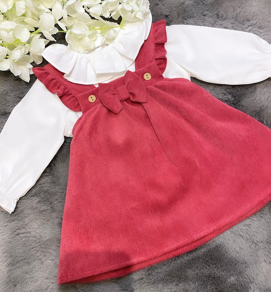 Burgundy bow dress with white shirt