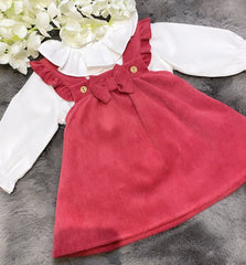 Burgundy bow dress with white shirt