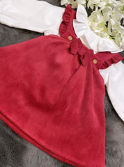 Burgundy bow dress with white shirt