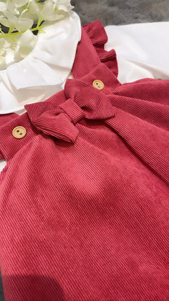 Burgundy bow dress with white shirt