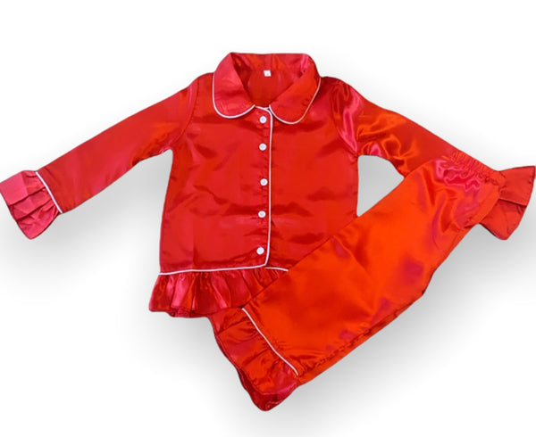 Girls red silky pjs with frill trim