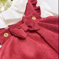 Burgundy bow dress with white shirt