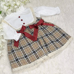 Girls Burberry style dress with burgundy bows