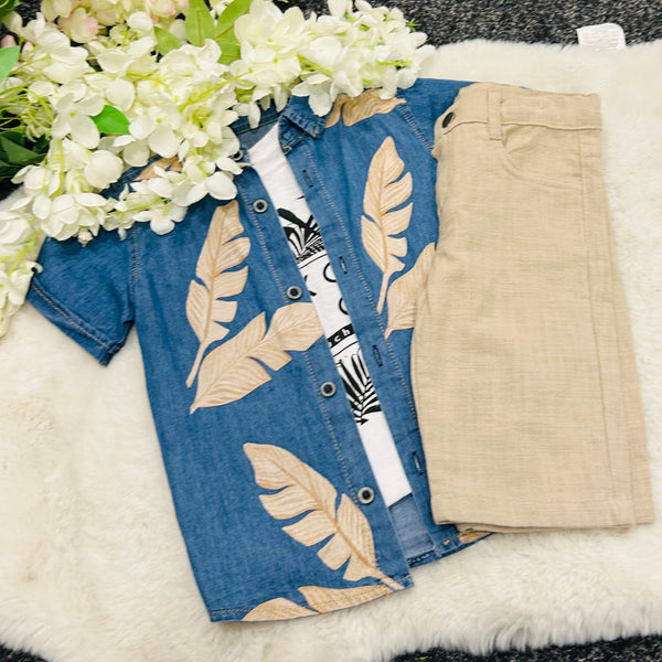 Beige Shorts with Macthing Tshirt & Shirt