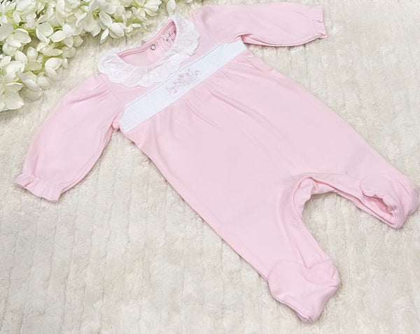 Plain pink Broderie sleepsuit