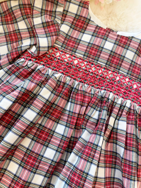 Red tartan dress with smocking