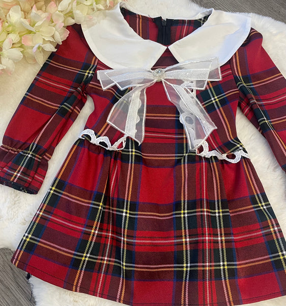 Red tartan lace dress with bow