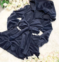 Navy luxury dressing gown with Lace detail