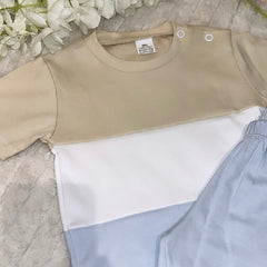 Beige blue & white shorts set