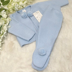 Blue thick knit pom pom set