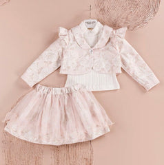 Girls Three Piece Floral Jacket & Net Skirt Set