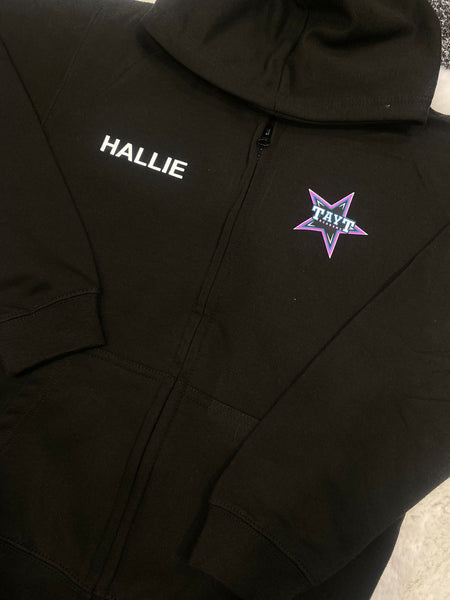 Black zip up hoodie with left chest logo and large logo on back