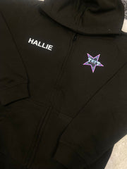 Black zip up hoodie with left chest logo and large logo on back