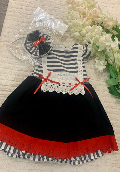 Girls black striped dress with matching headband