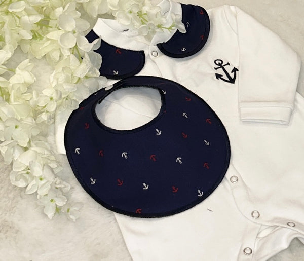 Sailor romper with handmade collar and bib