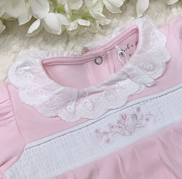 Plain pink Broderie sleepsuit