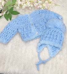 Blue chunky knit cardigan and hat set