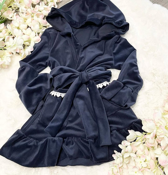 Navy luxury dressing gown with Lace detail