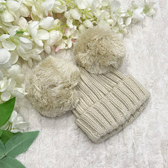 Beige cotton double pom hat