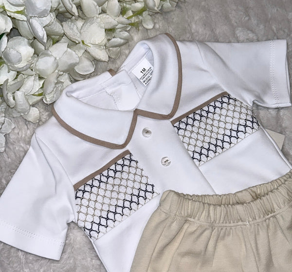 Beige white and navy smocked two piece