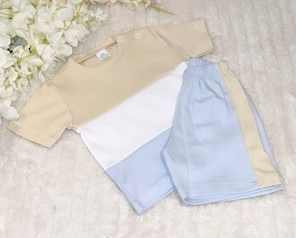 Beige blue & white shorts set
