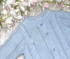Cable knit cardigan with detailed hem -premature blue