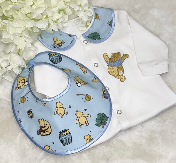 Winnie the pooh romper with handmade collar and bib