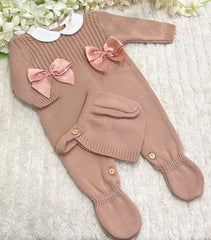 Knitted blush pink bow all in one