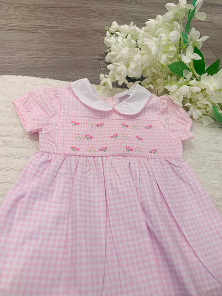 Striped pink dress with rainbow and flowers