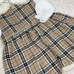 Girls Burberry style dress with burgundy bows