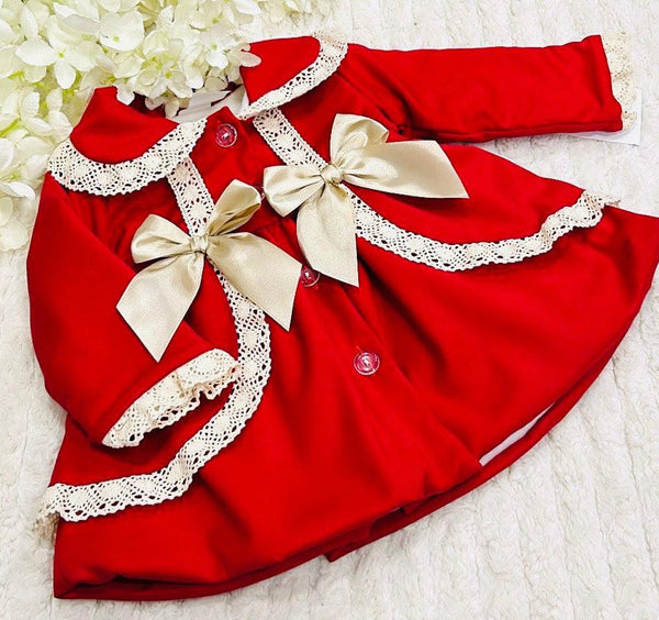 Traditional Thick Red Coat with Large Beige Bows