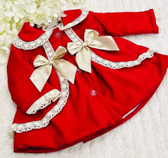 Traditional Thick Red Coat with Large Beige Bows