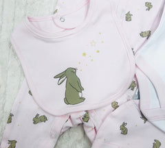 Five pc romper, vest, hat, bib and mitts set - pink bunny