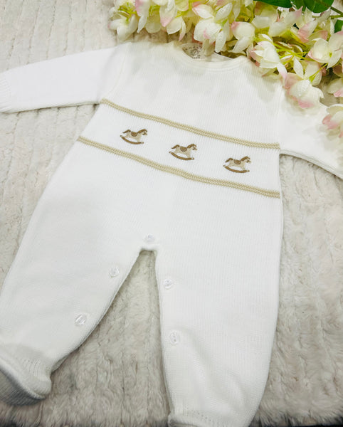Rocking horse knitted white romper