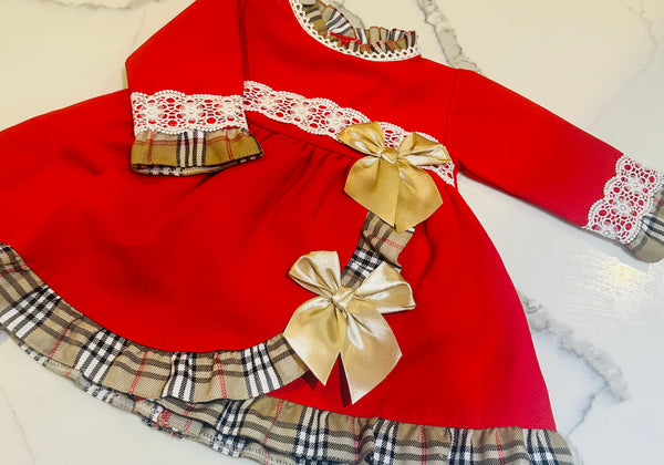 Red dress with Burberry trim and bows